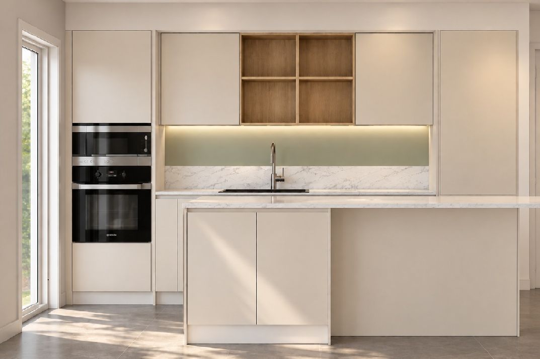 La même cuisine beige une fois posée : colonne four, niches en bois clair éclairées, crédence vert d’eau et marbre, îlot au plan blanc
